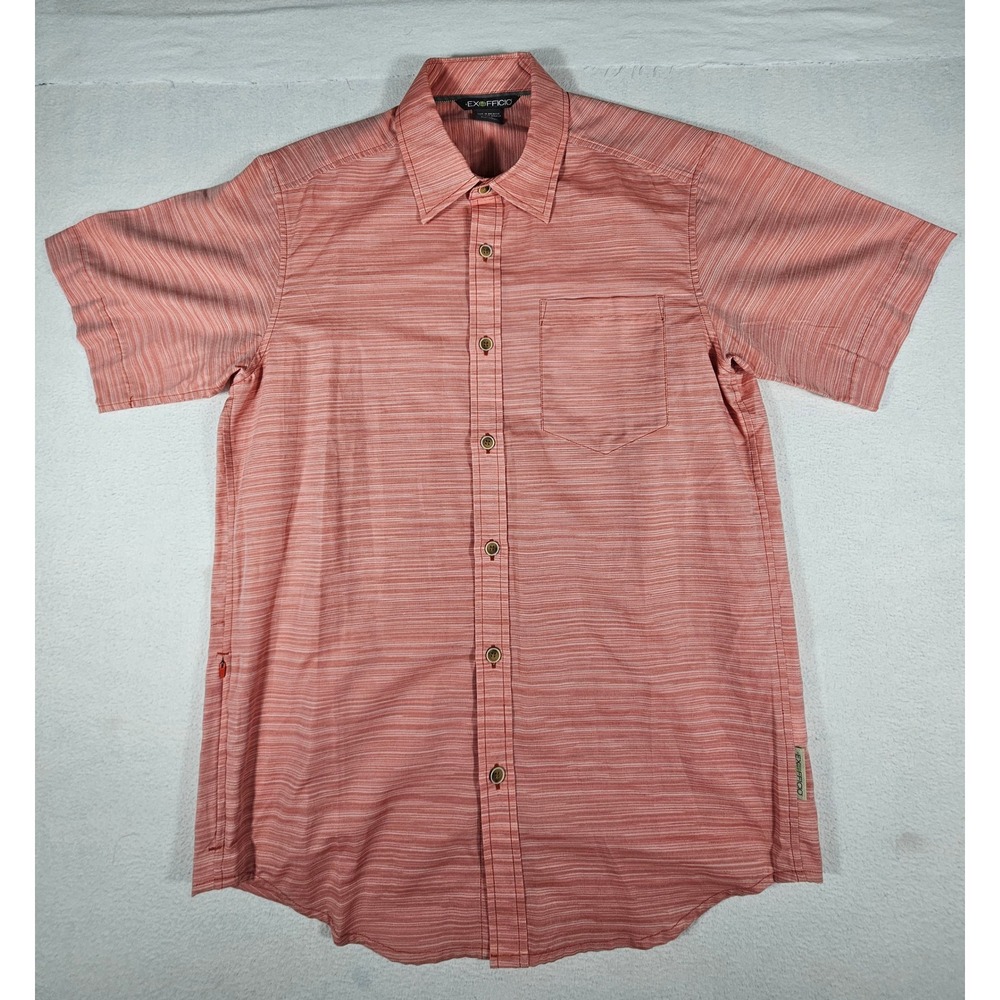ExOfficio Mens Coral Micro Stripe Short Sleeve Button Up Shirt Size M Hidden Pkt